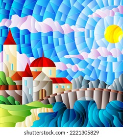 An illustration in the style of a stained glass window with an urban landscape, a house against the background of water and sky