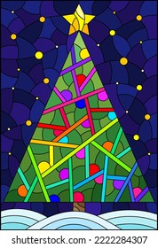 An illustration in the style of a stained glass window with a bright Christmas tree on a background of snow and a starry sky