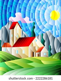 An illustration in the style of a stained glass window with a rural landscape, a house against the background of trees and the sky