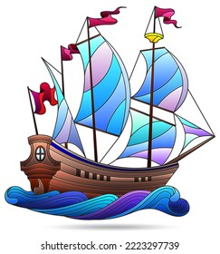Illustration in the style of a stained glass window with a sailing ship, isolated on a white background
