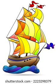 Illustration in the style of a stained glass window with a sailing ship, isolated on a white background