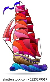 Illustration in the style of a stained glass window with a sailing ship, isolated on a white background