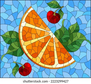 An illustration in the style of a stained glass window with a slice of orange, cherries and leaves on a blue background