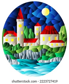 An illustration in the style of a stained glass window with an urban landscape, a house against the background of water and night sky