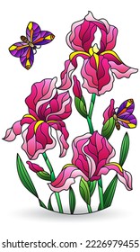 An illustration in the style of a stained glass window with a composition of irises, an element isolated on a white background