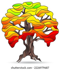 An illustration in the style of a stained glass window with a bright tree , a plant isolated on a white background