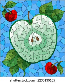 An illustration in the style of a stained glass window with a apple, cherries and leaves on a blue background