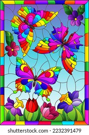 An illustration in the style of a stained glass window with beautiful bright butterflies on a background of flowers and a blue sky, in a bright frame 