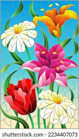 An illustration in the style of a stained glass window with a bright floral bouquet on a blue sky background
