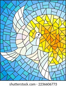 An illustration in the style of a stained glass window with a flying pigeon against the background of the sun and blue sky