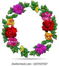 Illustration in the style of a stained glass window with a floral wreath of roses, isolated on a white background