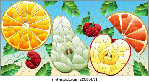 An illustration in the style of a stained glass window with juicy fruits and berries, on a blue background