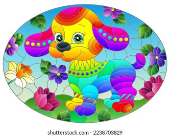 An illustration in the style of a stained glass window with a cute puppy on a background of sky, meadows and flowers, oval image