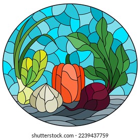 An illustration in the style of a stained glass window with a composition of ripe fresh vegetables on a table on a blue background, oval image