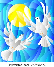 An illustration in the style of a stained glass window with a pair of flying pigeon against the background of the sun and blue sky