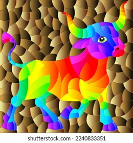 An illustration in the style of a stained glass window with an abstract rainbow bull on a brown background, a rectangular image