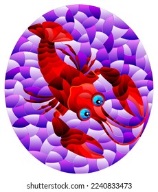 An illustration in the style of a stained glass window with a bright red cancer on a purple background, a oval image