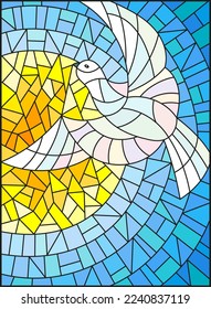 An illustration in the style of a stained glass window with a flying pigeon against the background of the sun and blue sky