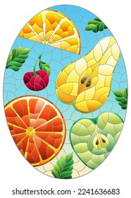 An illustration in the style of a stained glass window with juicy fruits and berries, on a blue background