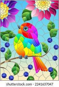 An illustration in the style of a stained glass window with a bright bird on the branches of a tree with flowers against the sky