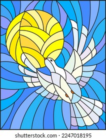 An illustration in the style of a stained glass window with a flying pigeon against the background of the sun and blue sky