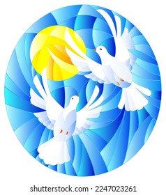 An illustration in the style of a stained glass window with a pair of flying pigeon against the background of the sun and blue sky, oval image