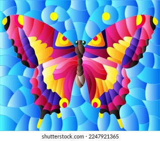 An illustration in the style of a stained glass window with a bright butterfly on a blue sky background