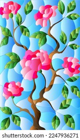 An illustration in the style of a stained glass window with branches of a rose bush, flowers on a blue sky background