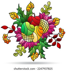 An illustration in the style of a stained glass window with bright autumn compositions of leaves, fruits and flowers isolated on a white background