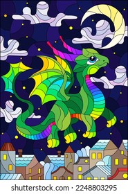 An illustration in the style of a stained glass window with a bright cute dragon on the background of the sky and the city