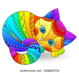 An illustration in the style of a stained glass window with a cute bright cat, an animal isolated on a white background