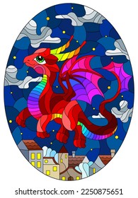 An illustration in the style of a stained glass window with a bright cute dragon on the background of the sky and the city