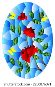 An illustration in the style of a stained glass window with branches of a rose bush, flowers and butterflies on a blue sky background, oval image 