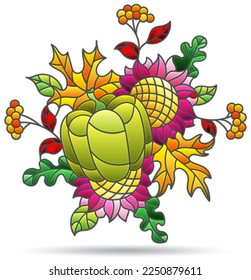 An illustration in the style of a stained glass window with bright autumn compositions of leaves, fruits and flowers isolated on a white background