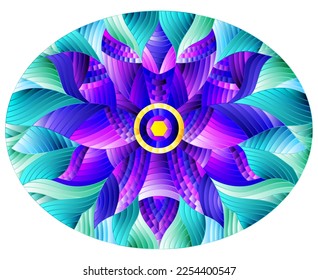 An illustration in the style of a stained glass window with an abstract bright flower on a blue wavy background