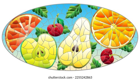 An illustration in the style of a stained glass window with juicy fruits and berries, on a blue background