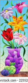 Illustration in the style of a stained glass window with a floral still life, flowers and fruits on a blue background