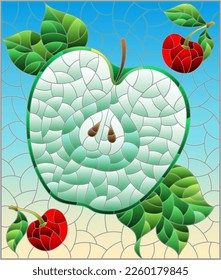 An illustration in the style of a stained glass window with a apple, cherries and leaves on a blue background