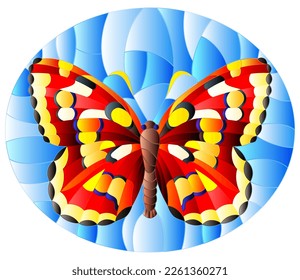 An illustration in the style of a stained glass window with a bright butterfly on a blue sky background, oval image