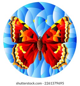 An illustration in the style of a stained glass window with a bright butterfly on a blue sky background, oval image