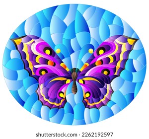 An illustration in the style of a stained glass window with a bright butterfly on a blue sky background, oval image