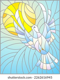 An illustration in the style of a stained glass window with a flying pigeon against the background of the sun and blue sky