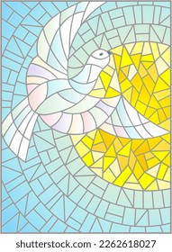 An illustration in the style of a stained glass window with a flying pigeon against the background of the sun and blue sky