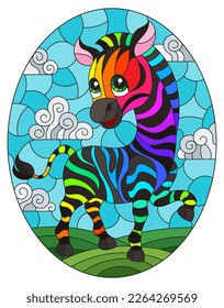 An illustration in the style of a stained glass window with a cute cartoon zebra on the background of a meadow and a blue cloudy sky, oval image