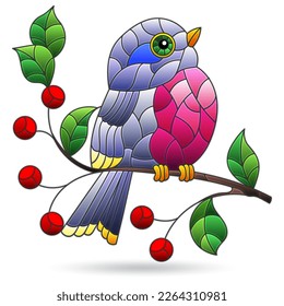 An illustration in the style of a stained glass window with bright cute bird on branches, animal isolated on a white background