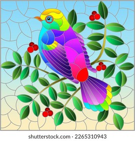 An illustration in the style of a stained glass window with a bright bird on the branches of trees, against a blue sky background