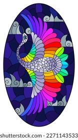 An illustration in the style of a stained glass window with a bright rainbow bird on a background of blue sky and clouds, oval image