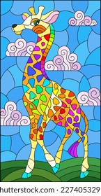 An illustration in the style of a stained glass window with a cute cartoon giraffe on the background of a meadow and a blue cloudy sky