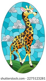 An illustration in the style of a stained glass window with a cute cartoon giraffe on the background of a meadow and a blue cloudy sky, oval image