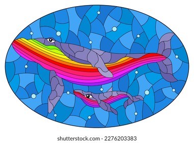 An illustration in the style of a stained glass window with blue whales on a background of water and air bubbles, oval image
